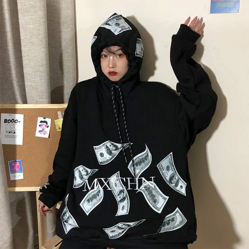 Осенние панк деньги толстовки женские Хип-Хоп Harajuku Толстовка осенние японские худи уличная Свободный пуловер черная толстовка женская