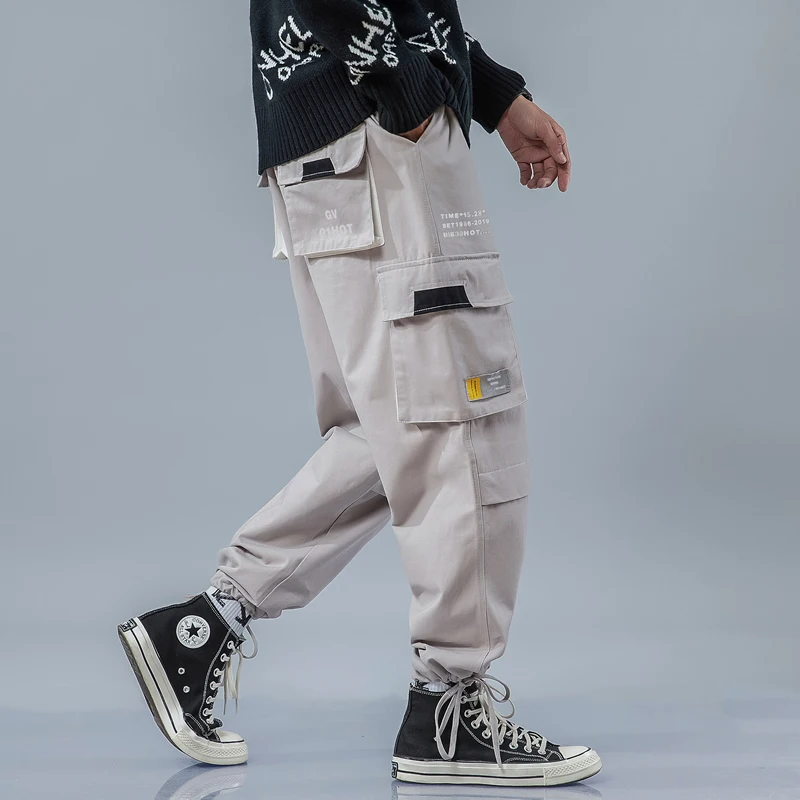 light grey Брендовые уличные брюки карго весна осень мужские повседневные спортивные брюки с большим карманом Модные свободные мужские брюки K1943 - Цвет: light grey