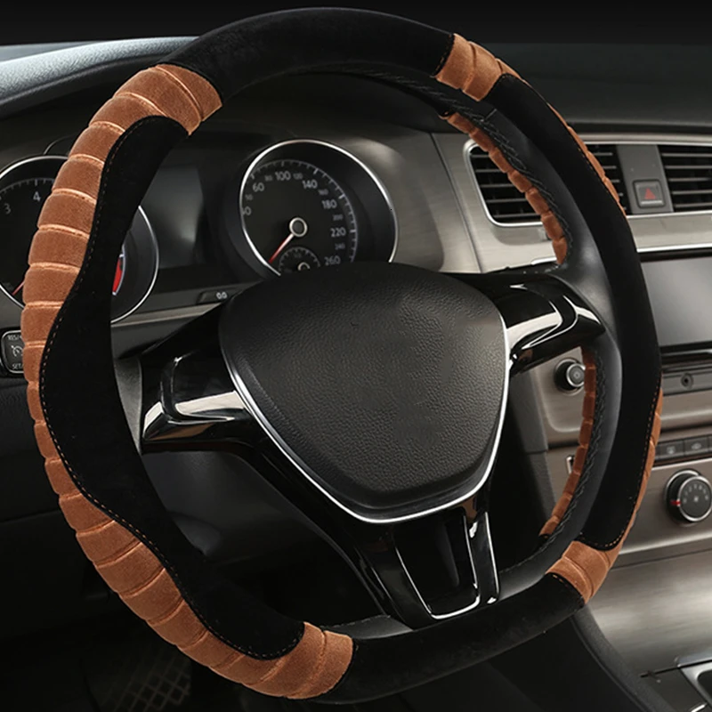 Brown-Black 38 см короткий плюшевый чехол рулевого колеса автомобиля Авто Нескользящая зимняя теплая сохраняющая тепло Толстая крышка рулевого колеса с крышкой ручного тормоза - Название цвета: Brown-Black