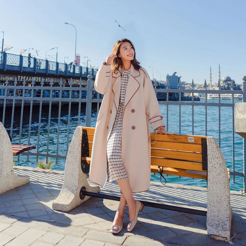 

Photo Shoot 2018 Autumn New Style WOMEN'S Dress-Style Retro Elegant Covered Edge Contrast Color Long over-the-Knee Trench Coat