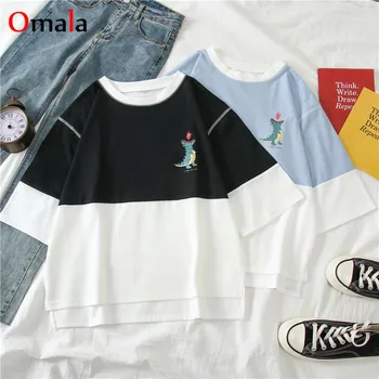 

Summer cartoon print Basic Cotton T Shirt Loose Short Sleeve oversized T-shirts Irregular patchwork Tee Tops harajuku Streetwear