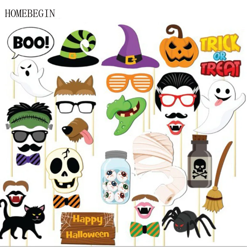 

HOMEBEGIN 37pcs Halloween Funny DIY Photo Booth Props Costume Props Paperboard Evil Ghost Glasses Moustache Party Decor Supplies
