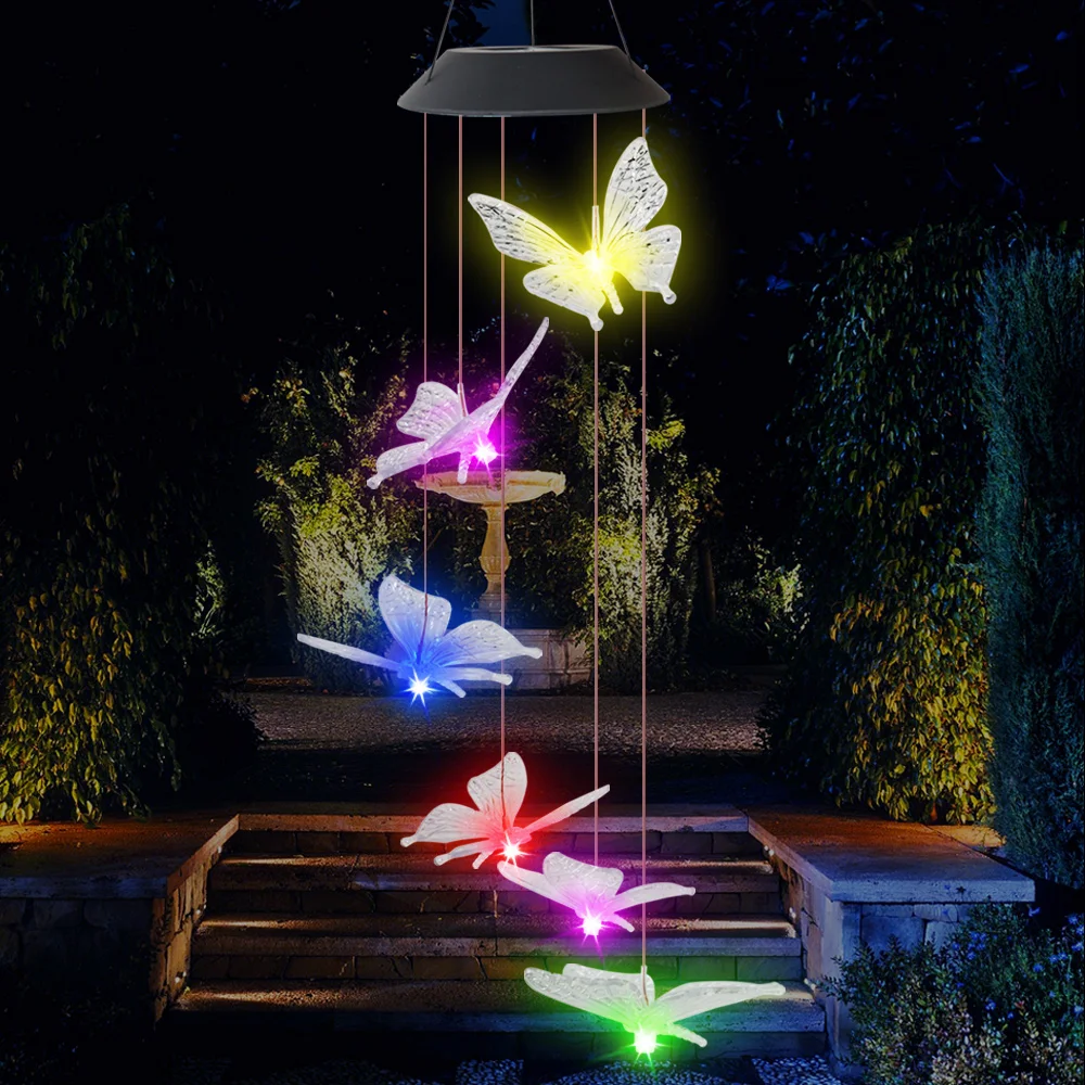 LED Solar Wind Chime Light Butterfly Style Outdoor Waterproof Garden Garland Hanging Lights Christmas Holiday Solar Lamp Decor