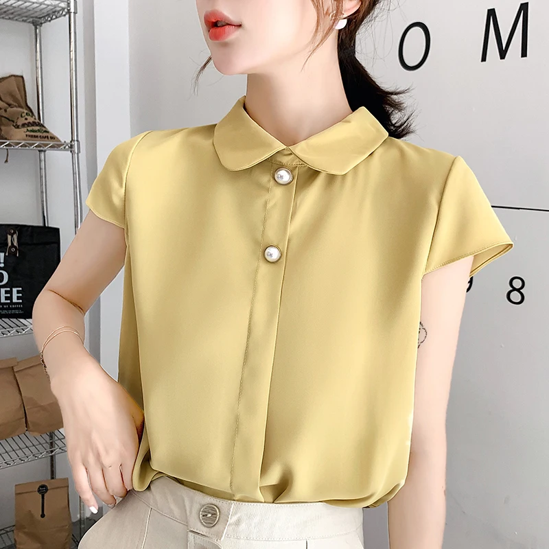 

Korean Chiffon Blouse Women Beading Shirt Plus Size Woman Peter Pan Collar Short Sleeve Blouses Woman Blusas Solid Short Regular