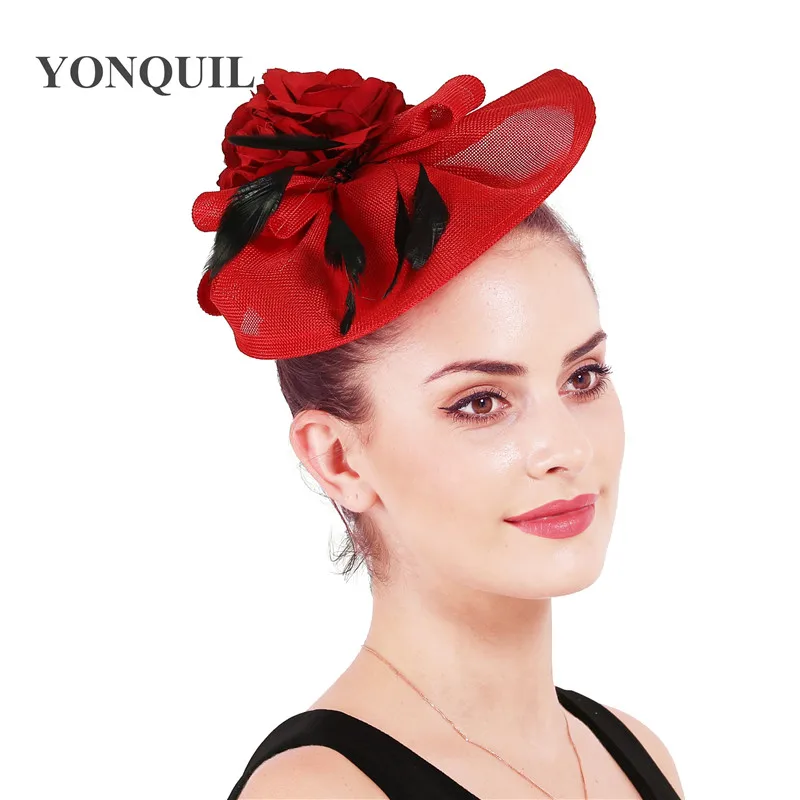 Имитация Sinamay красный аксессуары Fascinator вечерние ужин головные уборы с юбкой декорированное бусинами для девочек повязка на голову, головные уборы для женщин коктейльное церковь события шляп