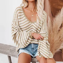 

Women Pullover Sweater Casual Knitted Korean Fashion Loose V Neck Jumpers Female Striped Print Winter Tops Autumn 2021 Knitwear