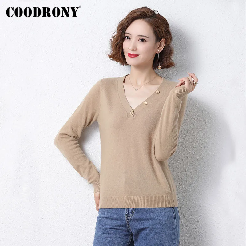 COODRONY Brand 2020 New Autumn Winter Elegant High Quality Wool Women Jumpers V-Neck Solid Color Pullover Female Clothing W1134