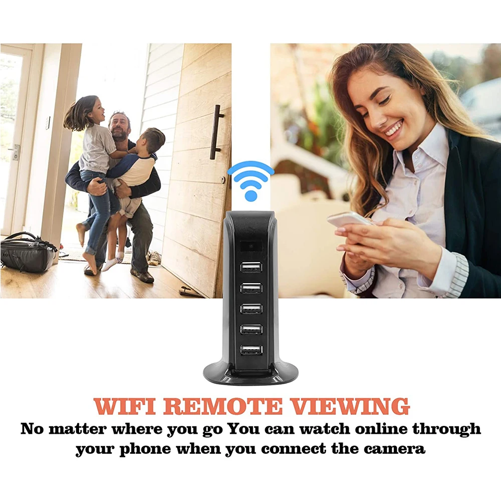 1080P HD WiFi Mini Camera USB 5 Port Hub Charger Video Recorder Remote View P2P Wireless Home Security Camcorder Hidden TF Card
