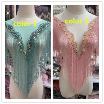 

hot selling wedding embroidered L-9391 crystal rhinestone collar necklace with tassels appliques with fringe