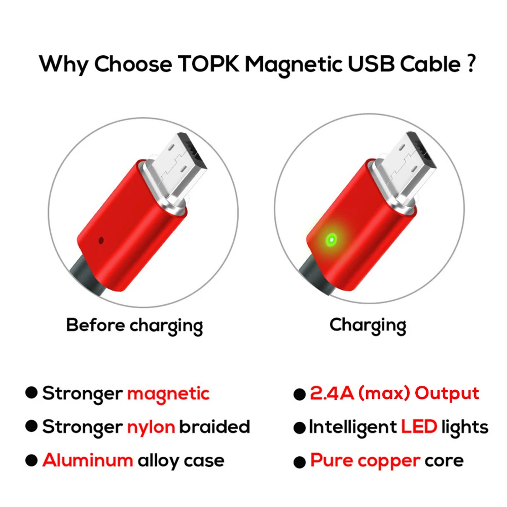 Topk 2.4A Магнитная Micro usb кабель Модернизированный плетеный нейлоновый светодиодный