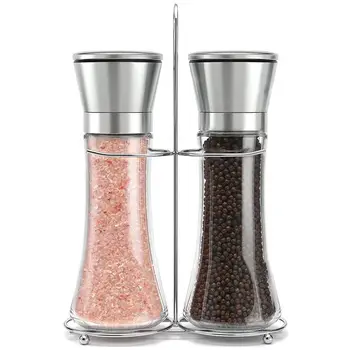 

Premium Stainless Steel Salt and Pepper Grinder Set With Stand - Tall Salt and Pepper Shakers with Adjustable Coarseness - Salt