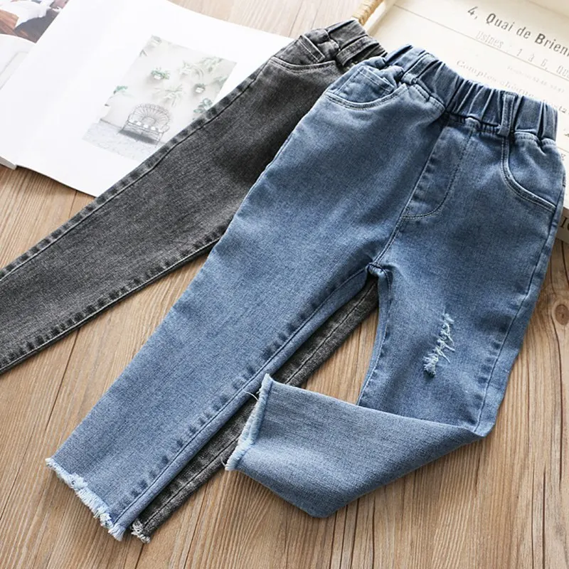 Модные детские джинсы для маленьких девочек, длинные штаны, брюки, детские узкие джинсы с потертостями, S10441