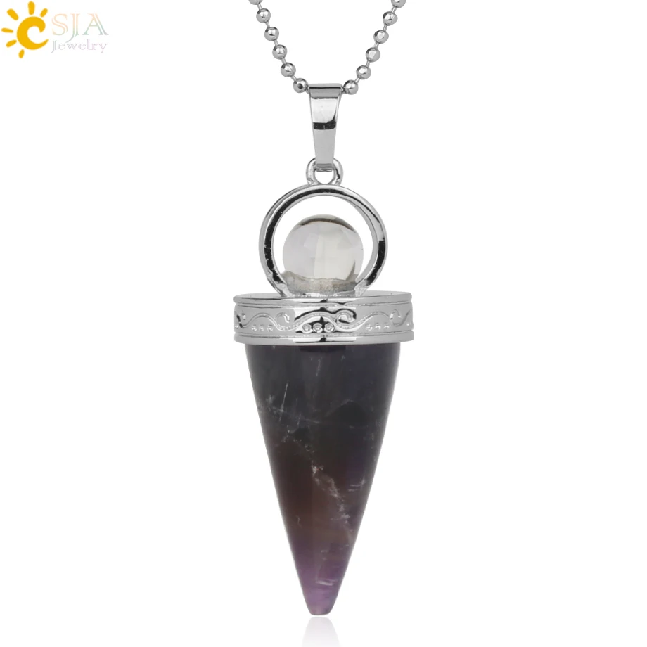 Amethyst Chain Csja Натуральный Камень Конус Подвески Ожерелья целебные тигровый глаз розовый кварц Lapis Белый Кристалл Модные украшения для женщин мужчин G246 - Окраска металла: Amethyst Chain