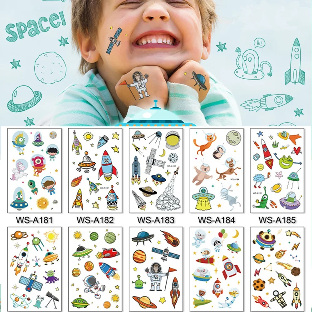 10 Kinds Space Tattoos Disposable Children Body Stickers Cartoon Astronauts Spaceship Planet Waterproof Temporary Face Makeup | Красота и