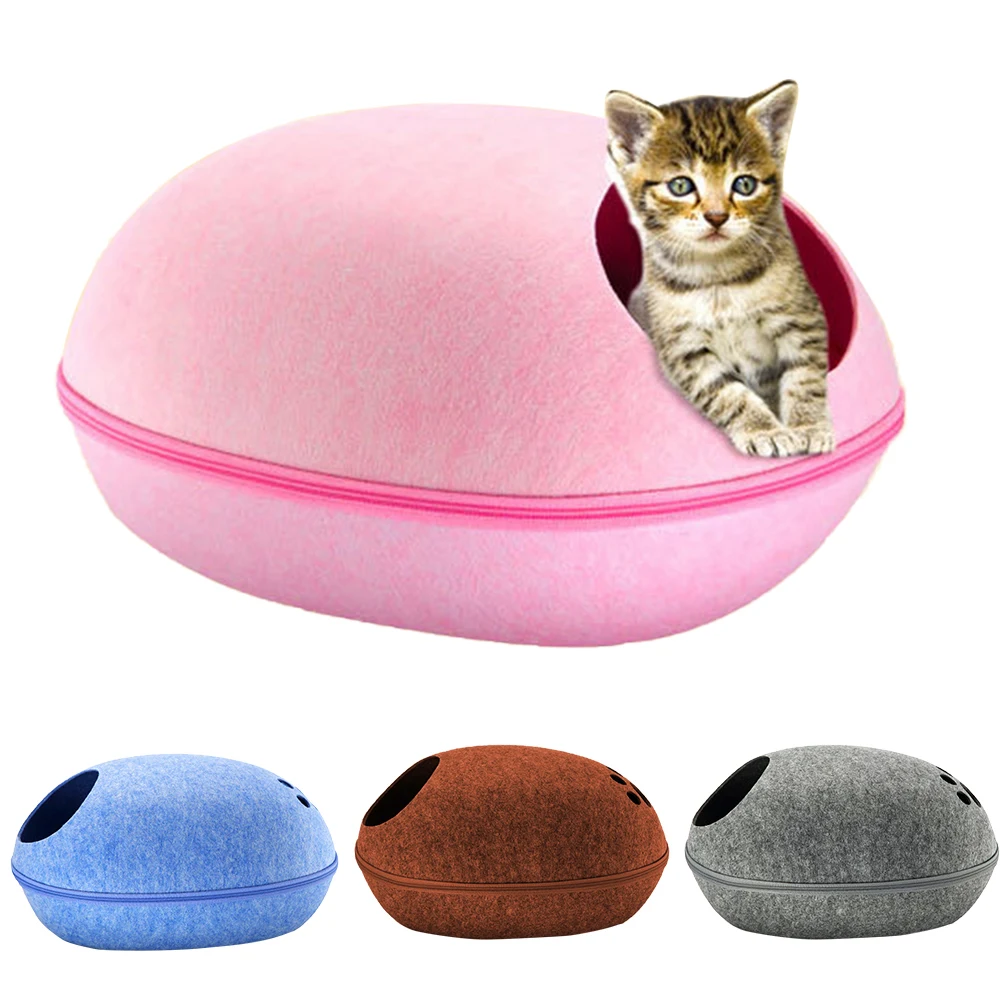 

Egg Shape Dog Cat Bed Winter Warm Pet House Cat Sleeping Bag Zipper Felt Cloth All Around Cat Nest With Detachable Cushion Mat
