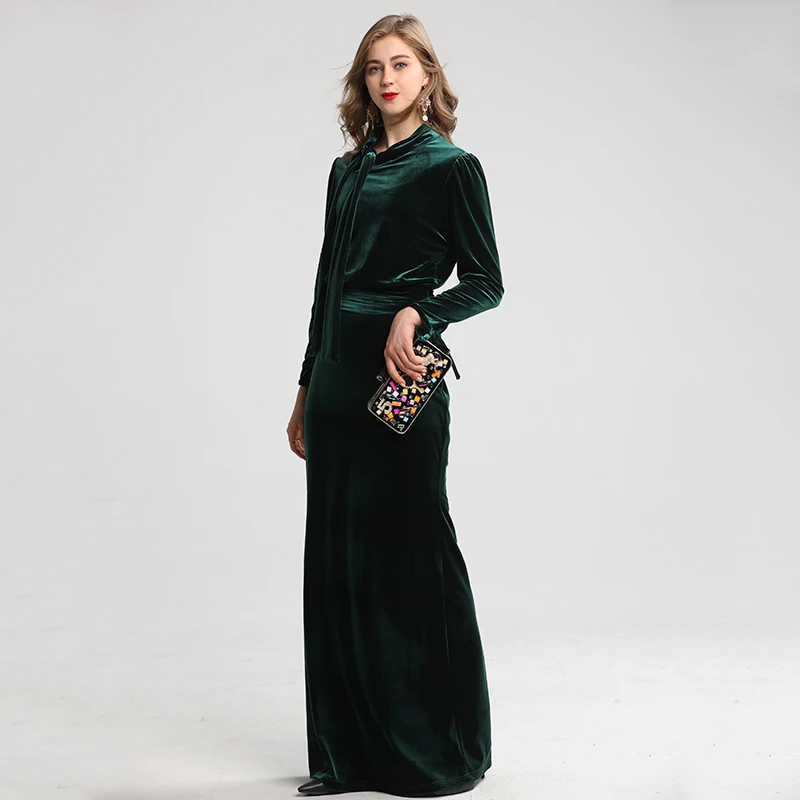 AELESEEN New High Quality Velvet A-Line Long Dresses Women Elegant Bow Collar European High Class Luxury Party Maxi Dress