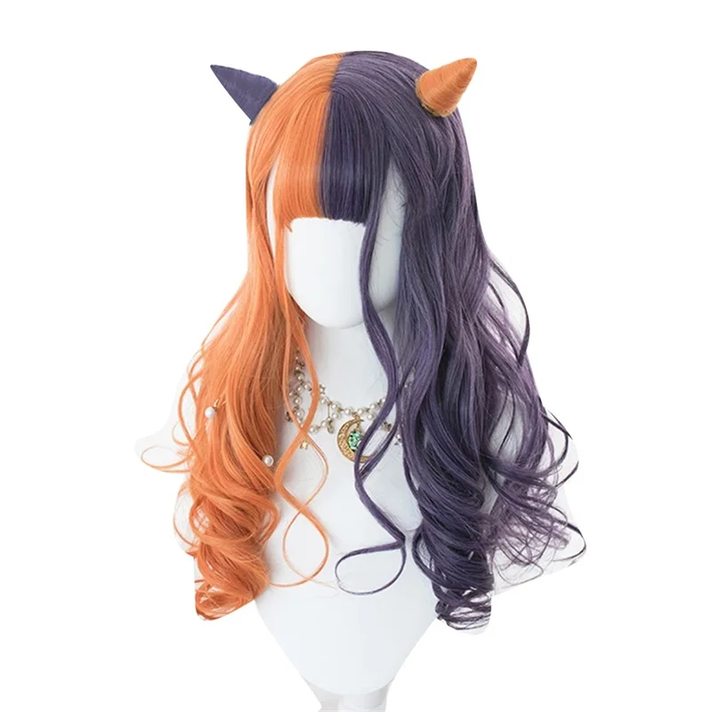 60CM And Devil Horns Косплей микс 60 см Лолита Оранжевый Фиолетовый Омбре длинные кудрявые челки милые синтетические волосы и Хэллоуин Дьявол Рога косплей парик - Цвет: 60CM And Devil Horns