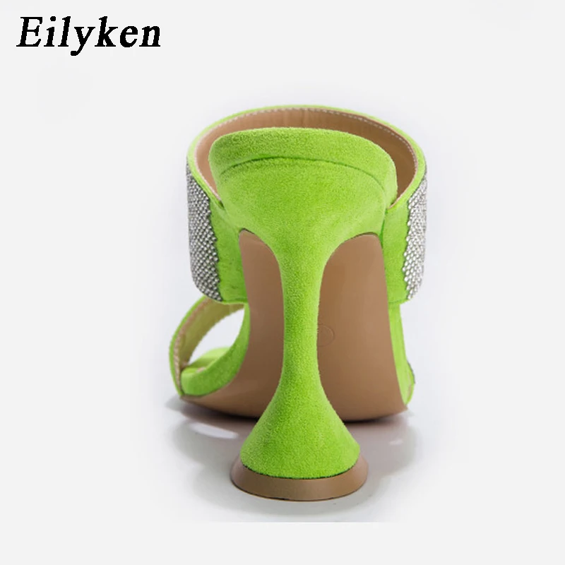 Eilyken/ дизайн; женские шлепанцы на необычном каблуке с квадратным открытым носком; модные босоножки из флока со стразами; обувь для вечеринки и свадьбы; туфли-лодочки
