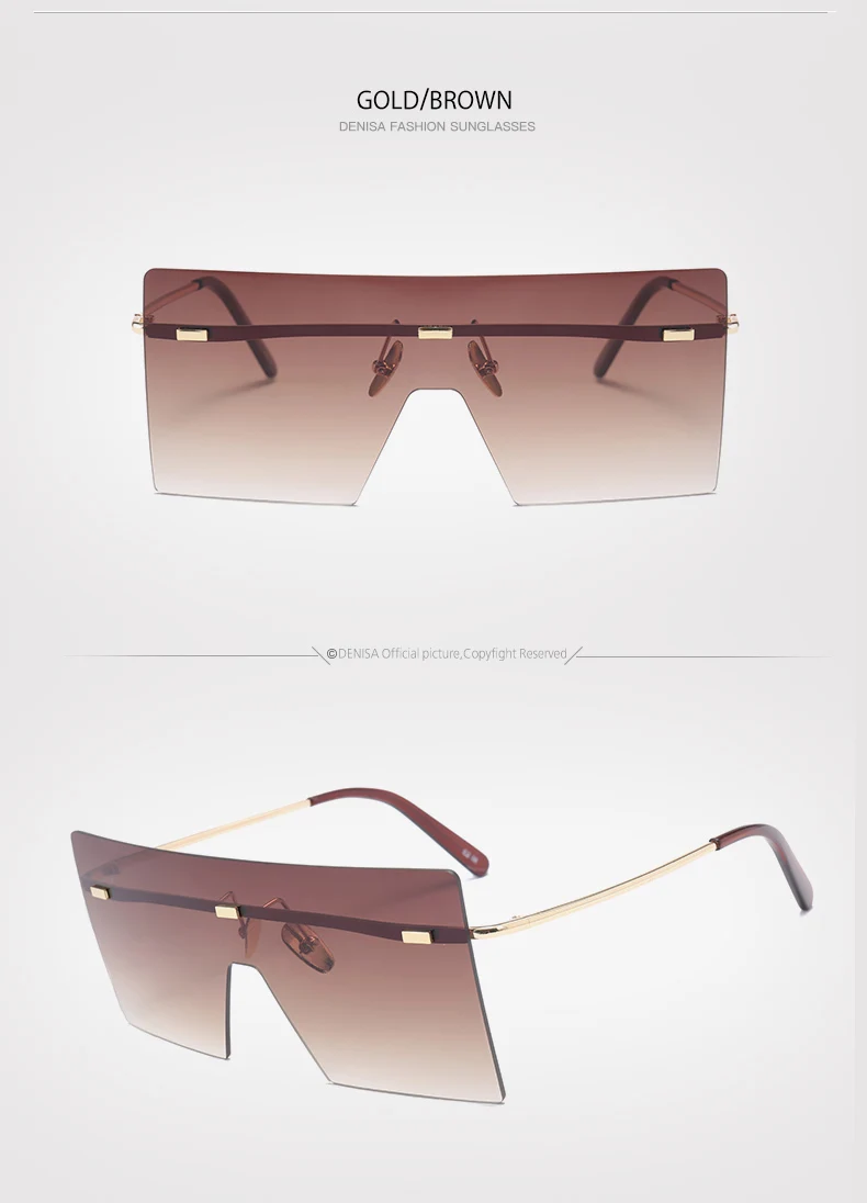 DENISA Shield, негабаритные солнцезащитные очки для женщин и мужчин, трендовые очки, винтажные Квадратные Солнцезащитные очки без оправы, UV400 lunette soleil homme G18076
