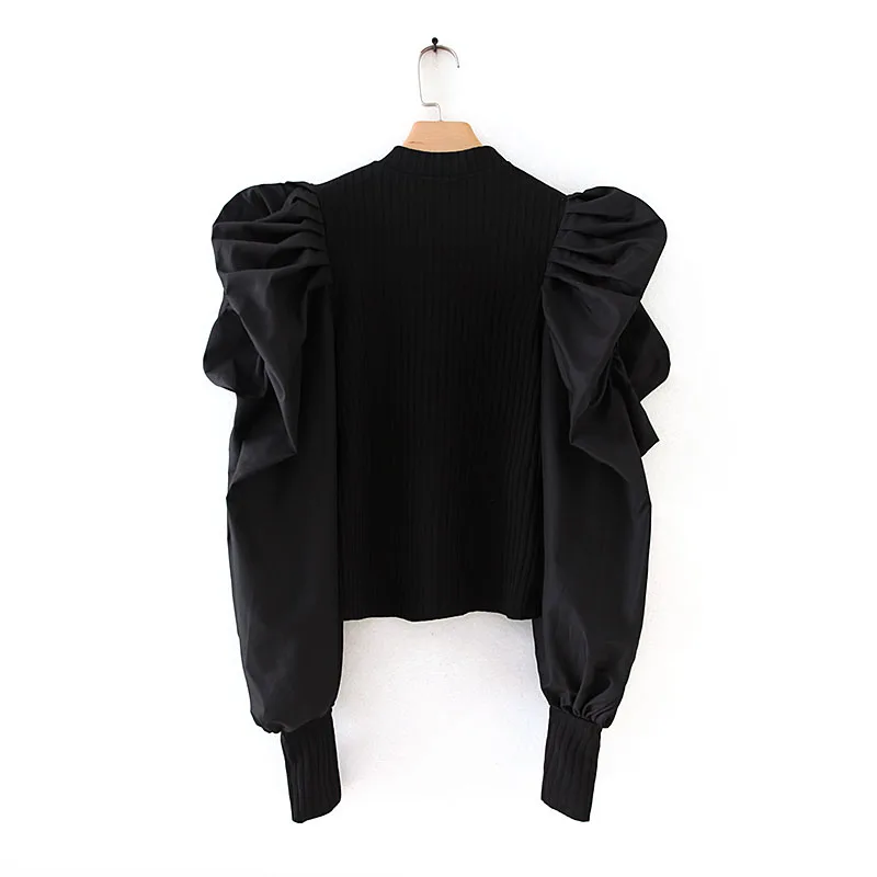 Стрейч женская Трикотажная блуза осень Новая мода Черный Белый Цвет сплайсированные с пышными рукавами современные женские эластичные пуловеры