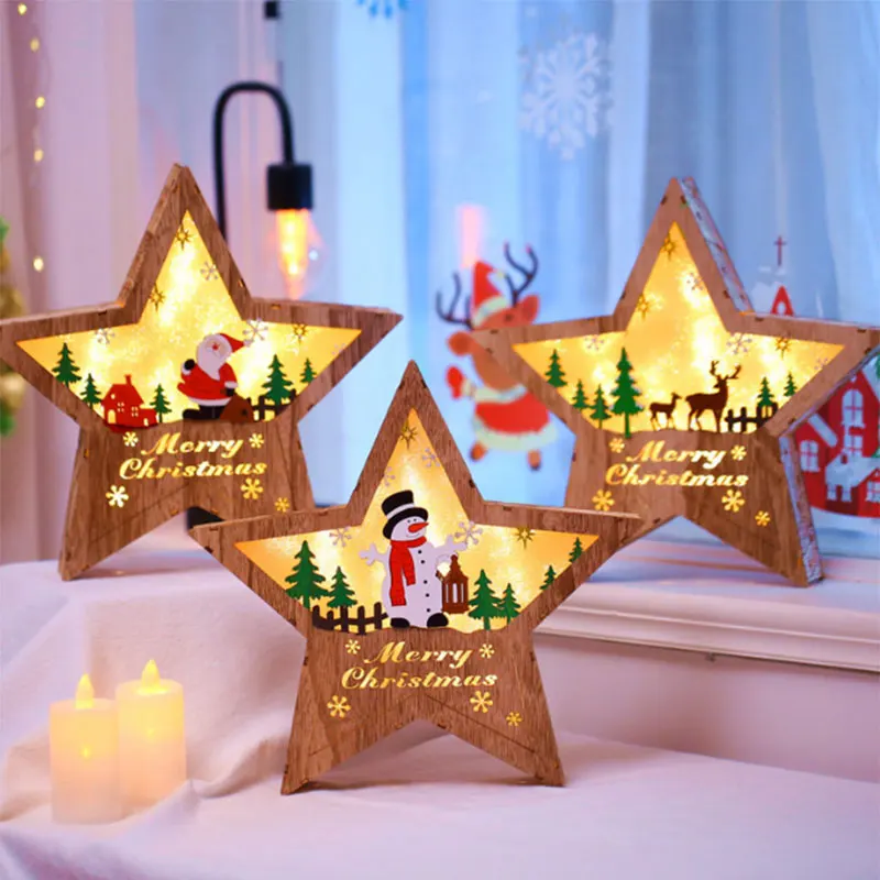 Christmas Decorative Lamp Wooden Star Night Light LED Battery Snowman Elk Santa Claus LED Decorative Lamp Bedside Lamp for Home