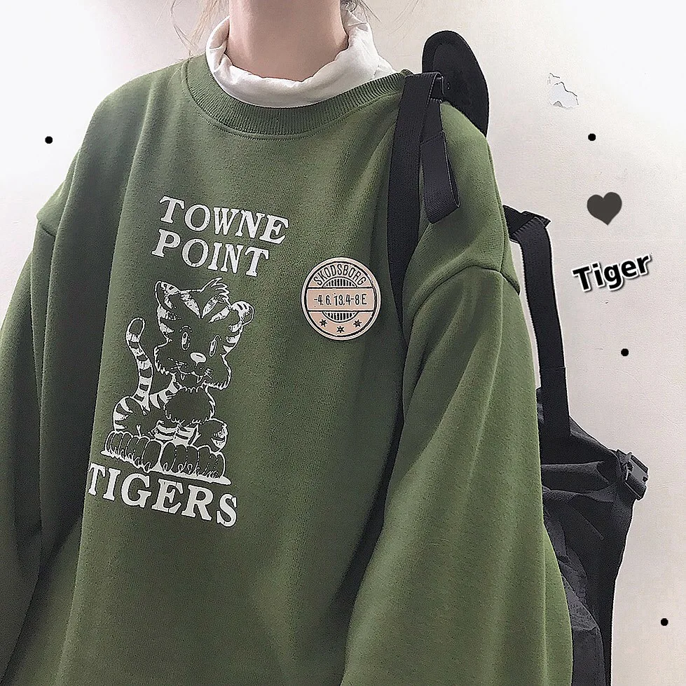 Kawaii Tiger зимняя женская кашемировая теплая Свободная Толстовка с длинным рукавом Пуловеры Толстовки BF стиль простой зеленый желтый