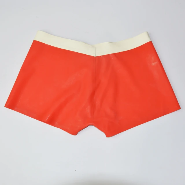 Handmade red with white trim latex shorts with front zipper cod-piece pants  for men underwear