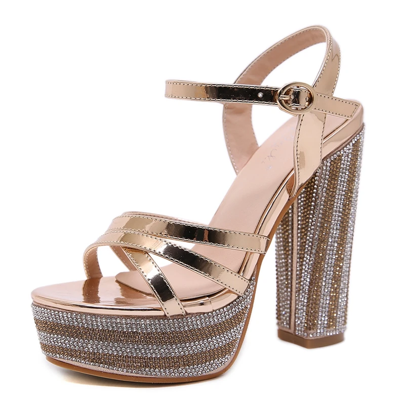

MeiLiKeLin Luxury Rhinestones Sandals Gold High Heeled Shoes Woman Thick Heel Platform Sandals Women Prom Party Cinderella Shoes