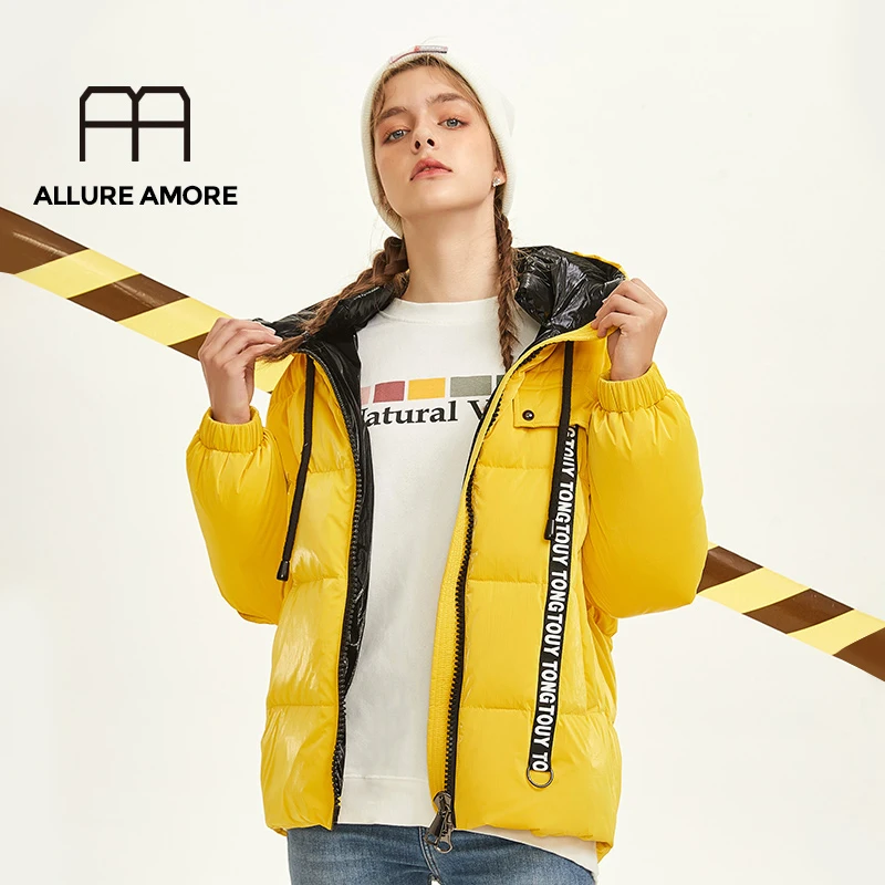 

Allure Amore Winter New Arrival Female Hooded Contrast Color Thick Warm Fashion Women Short Section Down Coat
