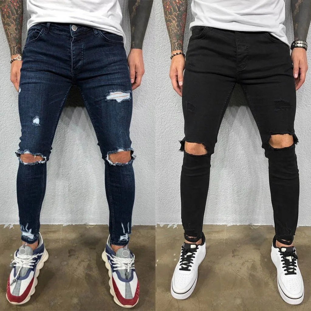 Pantalones vaqueros rasgados para hombre, pitillos negros con cremallera, pantalón lápiz informal, ropa de calle