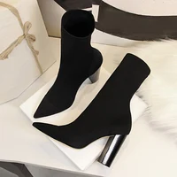 Size 42 43 Women Ankle Boots Square High Heels Pumps Fall Fashion Comfort Stretch Fabric Sock Boot Femme Party Dress Shoes - Image 3