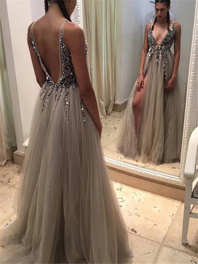 

SWEMILE Gray Beads Sequins Chiffon Evening Dress 2019 Sexy Deep V Back High Slit Prom Gowns Robe de Soiree Vestido De Festa