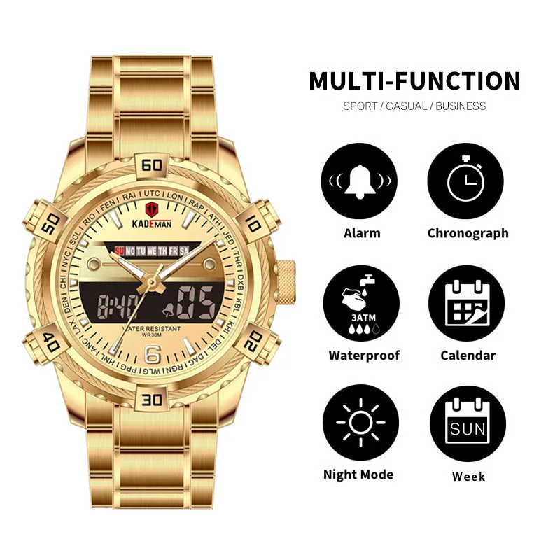 

KADEMAN Luxury Men Watch LED Display Digital Watch Military Sports Wristwatches TOP Brand 3ATM Stainless Steel Relogio Masculino