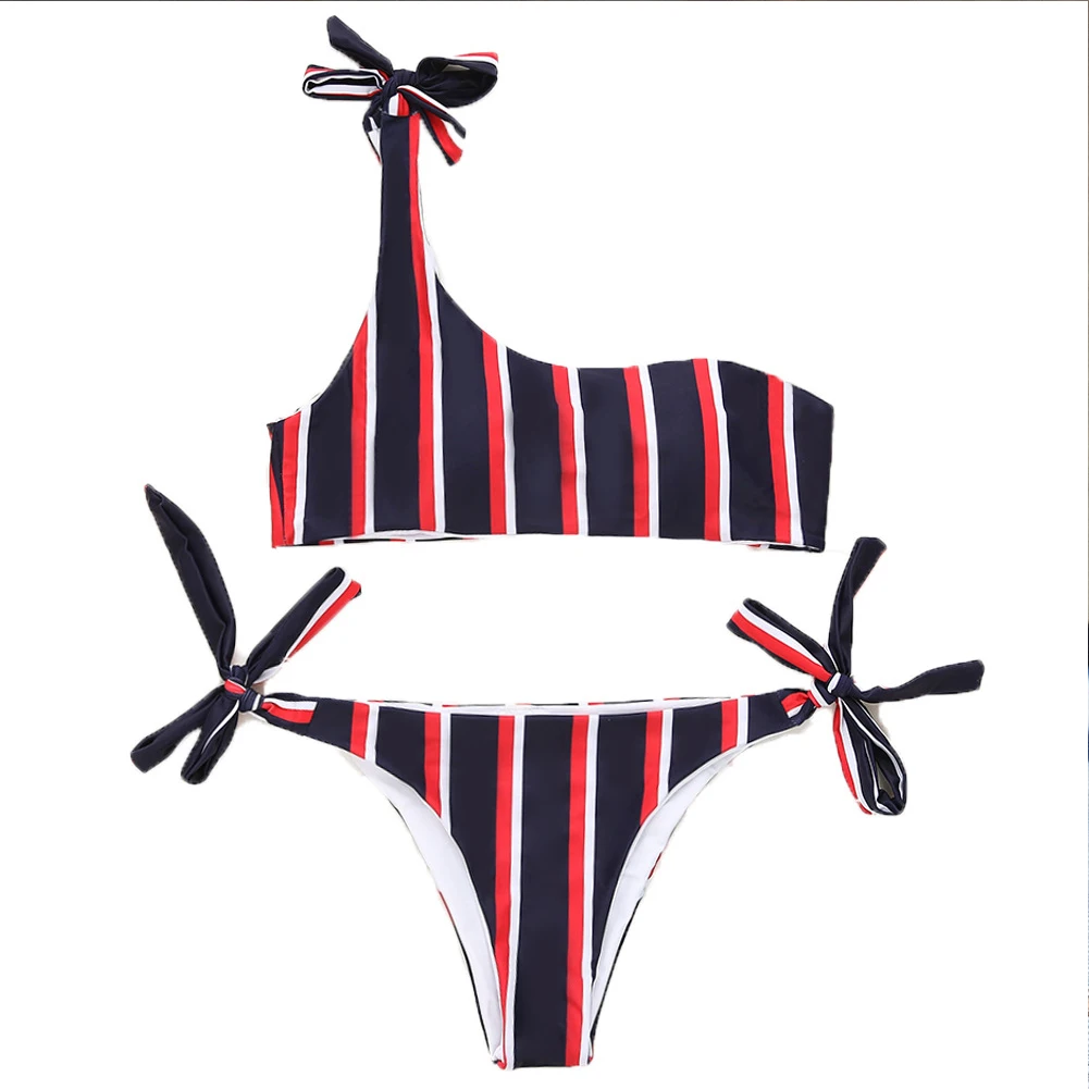 

Women Fashion One-shoulder Lace-up Printed Split Swimsuit Bikini Set