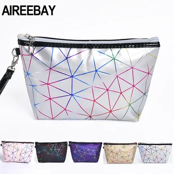 

AIREEBAY Holographic Cosmetic Bag Women Pink Silver Makeup Bag Female Toiletry Bag Black Geometric Travel Organizer Laser Purse