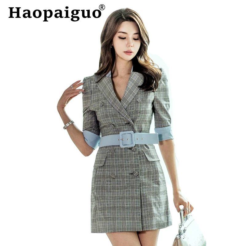 

2019 Autumn Winter Houndstooth Blazer Dress Women Half Sleeve Bodycon Mini Ladies Dress With Sashes Slim OL Work Office Dresses