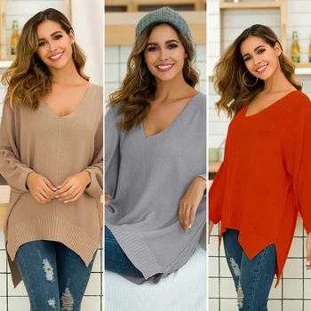 

Korean Style Knitted Sweater 2019 Autumn Winter Streetwear V Neck Long Batwing Sleeve Pullover Loose Solid Women Big Size Jumper
