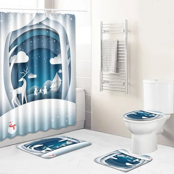 

4Pcs/Set Christmas elk Pattern Shower Curtain Mat Set Non Slip Rugs Carpet for Bathroom Toilet Bath