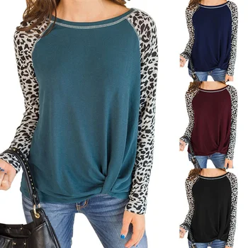 

Autumn winter Street Wear Womens Casual Leopard Print Long Sleeve T Shirt Tops Loose Round Collar Pullover Tops