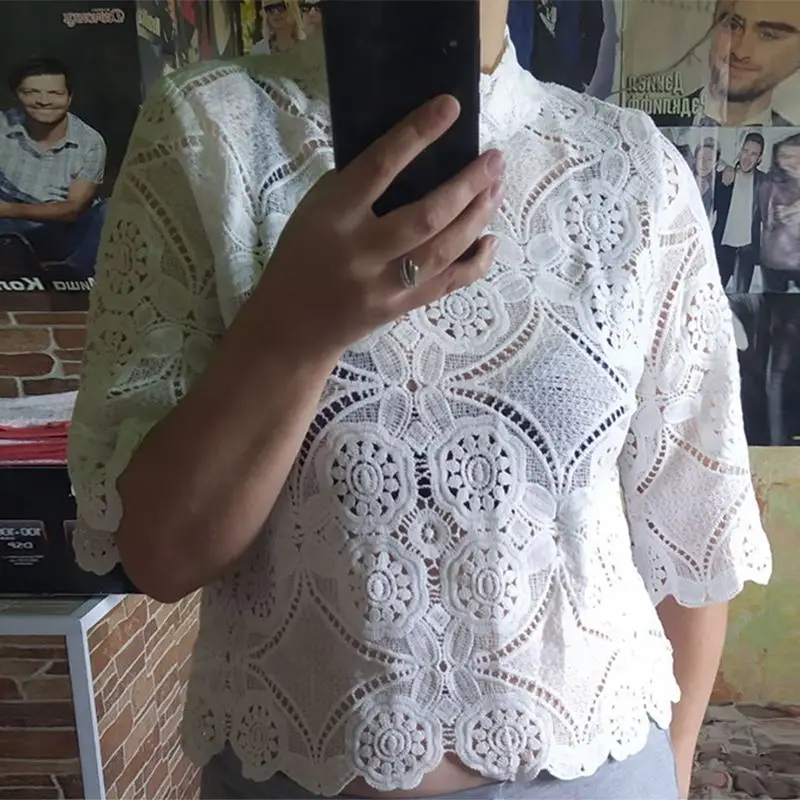 Женские рубашки, женские блузки и топы,, VONDA, Модные женские сексуальные кружевные блузы, женские офисные топы с круглым вырезом, открытая туника