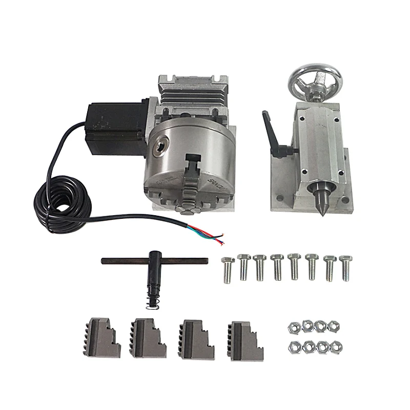 

4 Jaw Chuck CNC Rotary A 4th Axis Tailstock with 80mm 100mm 130mm 4-jaw Chuck for CNC Router milling machine CNC3040 6040 6090