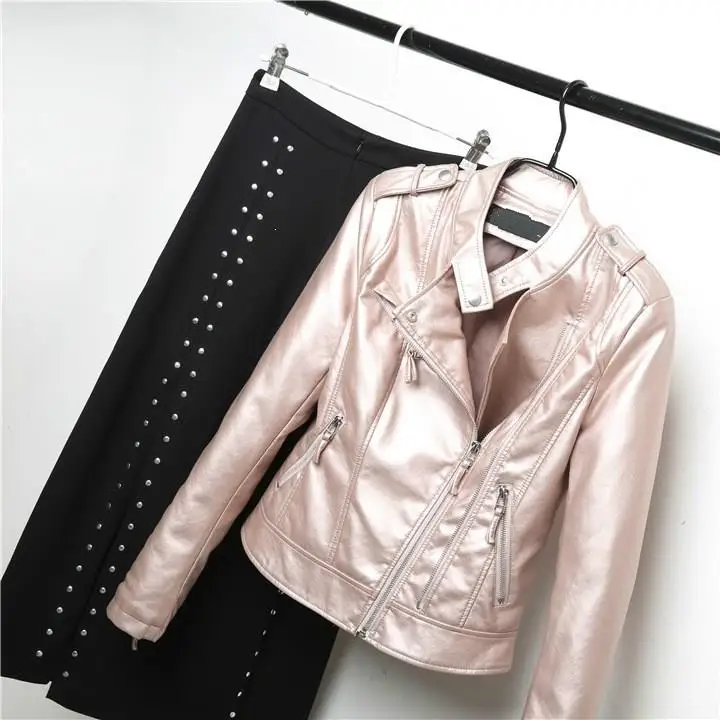 Fall Soft Outerwear Pu Leather Jacket Women Silver Motorcycle Coat Short Faux Leather Biker Jacket