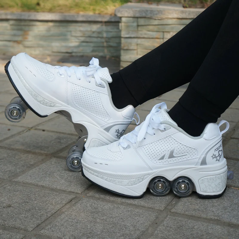 

genuine leather Shoes Double Row Double-Wheel Casual Roller Shoes Automatic Four-Wheel Dual-Purpose Roller Skates Skateboard