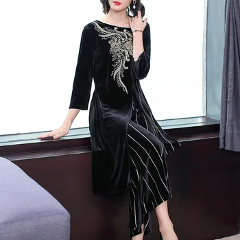 

2019 Slim Fit Irregular Top Stripes Wide Leg Pants Gold Velvet Embroidery Suit Female