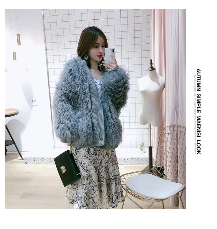 ZDFURS* новые куртки из меха ягненка женские с v-образным воротником свободные импортные шерстяной тканый мех интегрированный силуэт Шуба Зимние теплые карманы