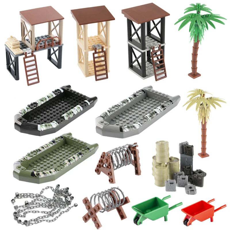 

WW2 Military Weapon Accessories Building Blocks Sentry Port Oil Barrow Cart Ship Army Camo Boat MOC City Series Brick Toys C128