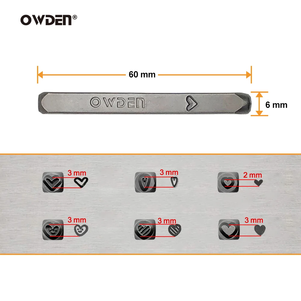 OWDEN-쥬얼리 스탬핑 3mm 스틸 금속 스탬프 세트, 하트 디자인 모양 펀치 도구, DIY 도구, 스틸 쥬얼리 펀처 세트, 6 개