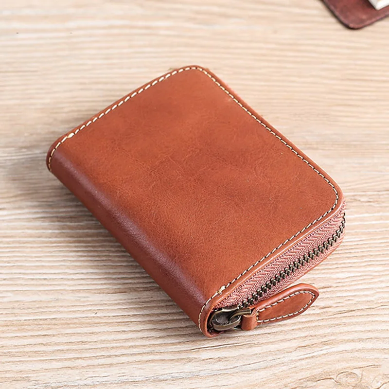 AETOO Organ card bag, male leather large-capacity multi-card bit zipper card bag, female retro head layer cowhide card clip