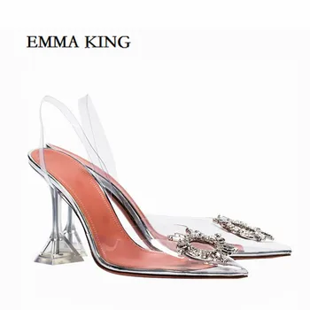 

Sexy High Heels PVC Transparent Crystal Shoes Woman Silver Rhinestone Wedding Shoes Summer Pointy Toe Height Heels Pumps Sandals