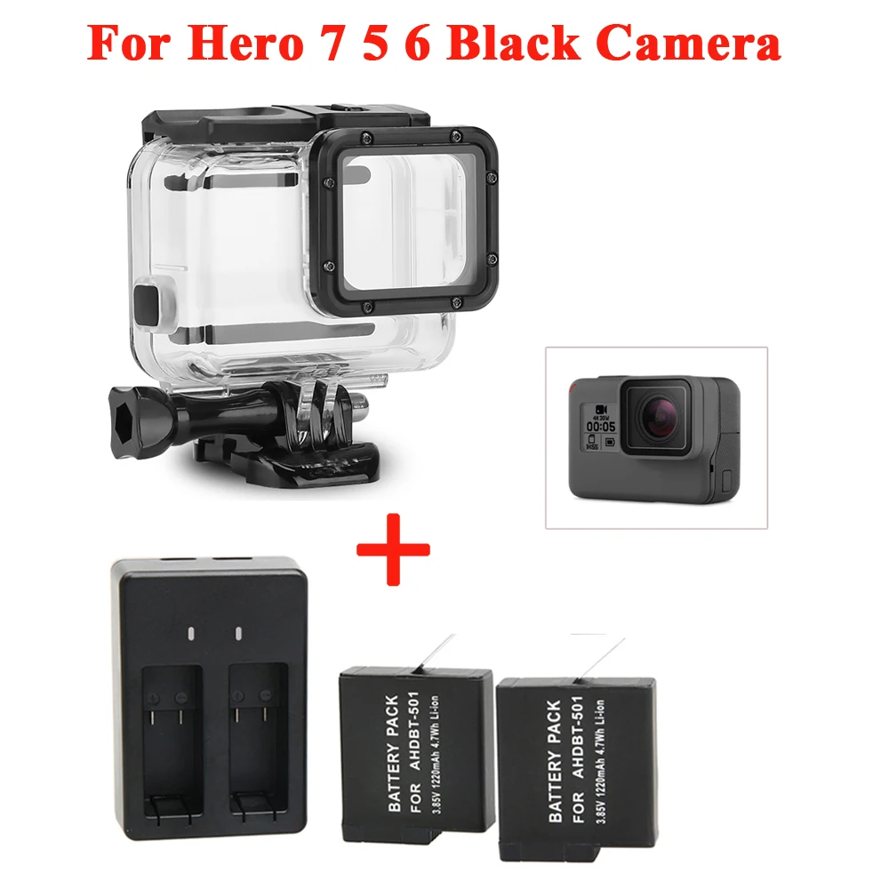 2 шт. для GoPro Hero 5 6 7 батарея и зарядное устройство+ водонепроницаемый корпус чехол защитная оболочка для GoPro Hero7 6 Hero5 Черные Аксессуары